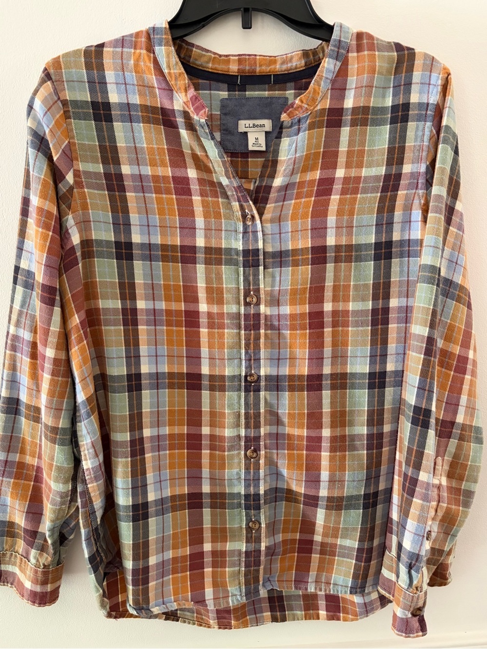 L.L.Bean Collarless Plaid Flannel Button-down Shirt-Women’s